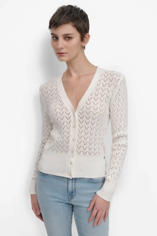 LONG SLEEVE POINTELLE STITCH V NECK CARDIGAN sold by DKNY