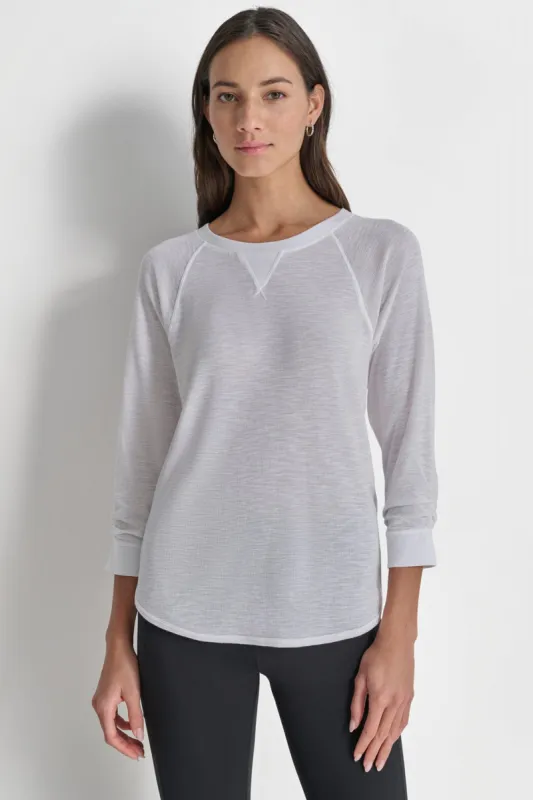 RUCHED 3/4-SLEEVE SLUB WAFFLE-KNIT TEE sold by DKNY