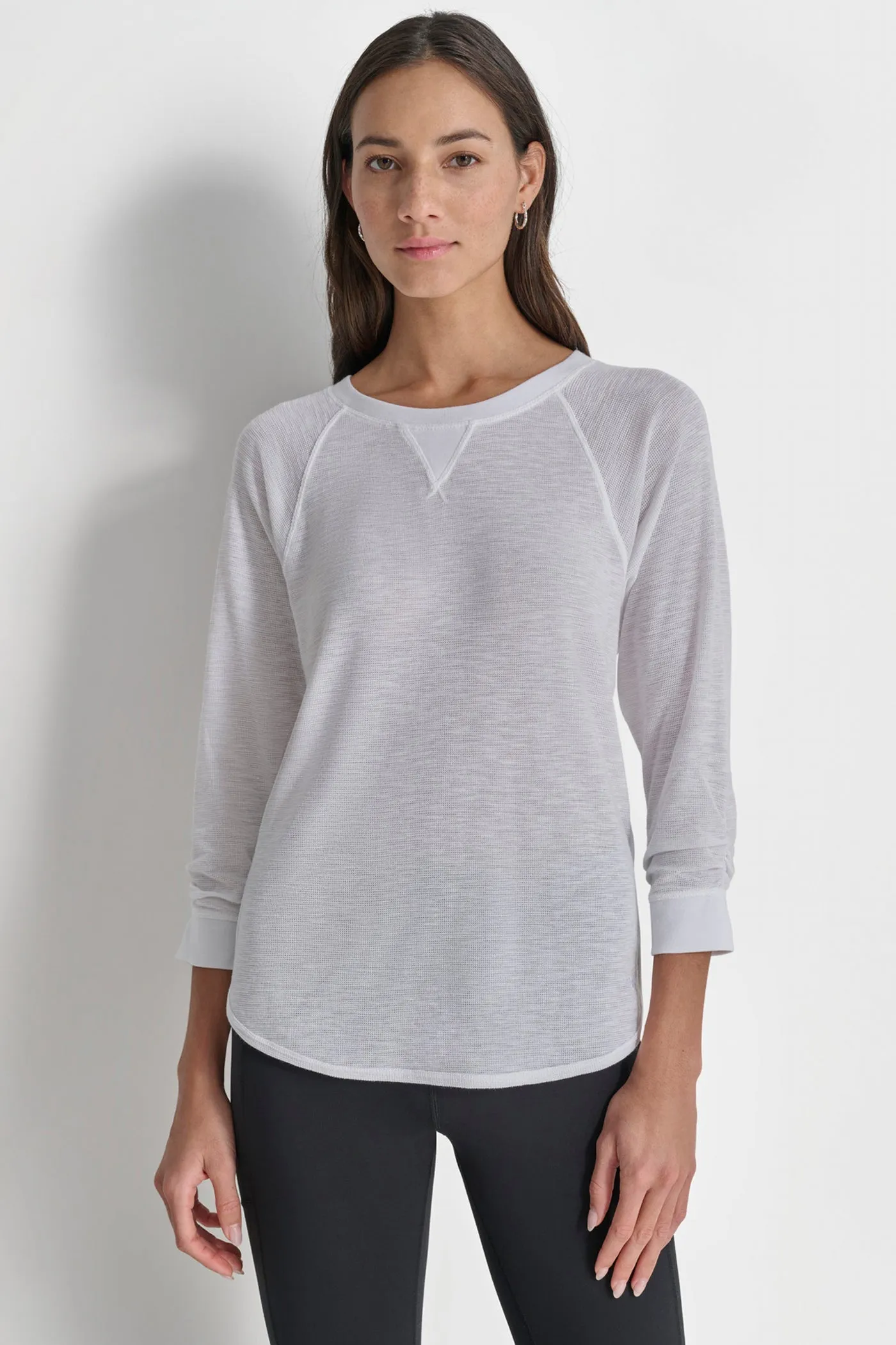 RUCHED 3/4-SLEEVE SLUB WAFFLE-KNIT TEE sold by DKNY