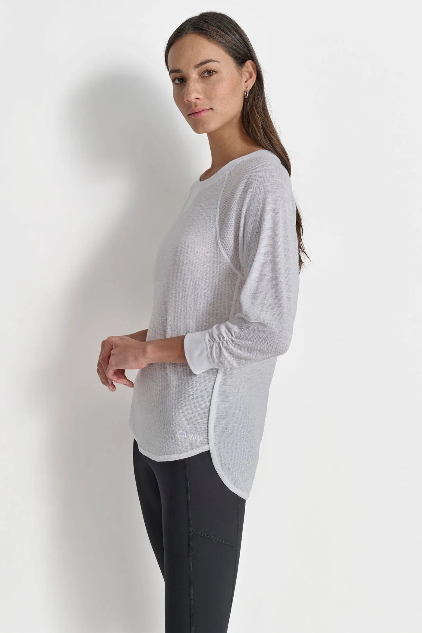 RUCHED 3/4-SLEEVE SLUB WAFFLE-KNIT TEE sold by DKNY product image thumbnail 4