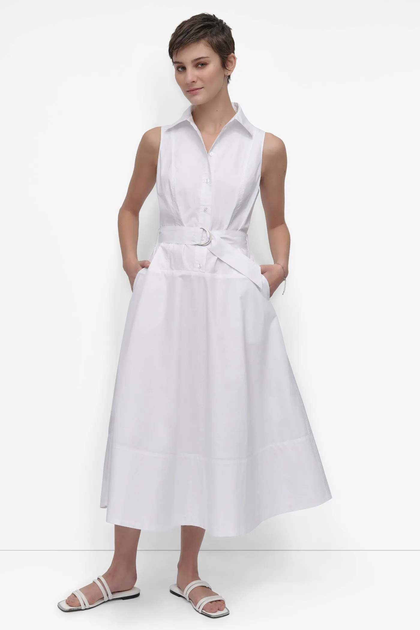 SLEEVELESS BUTTON FRONT POPLIN DRESS WITH SELF BELT sold by DKNY