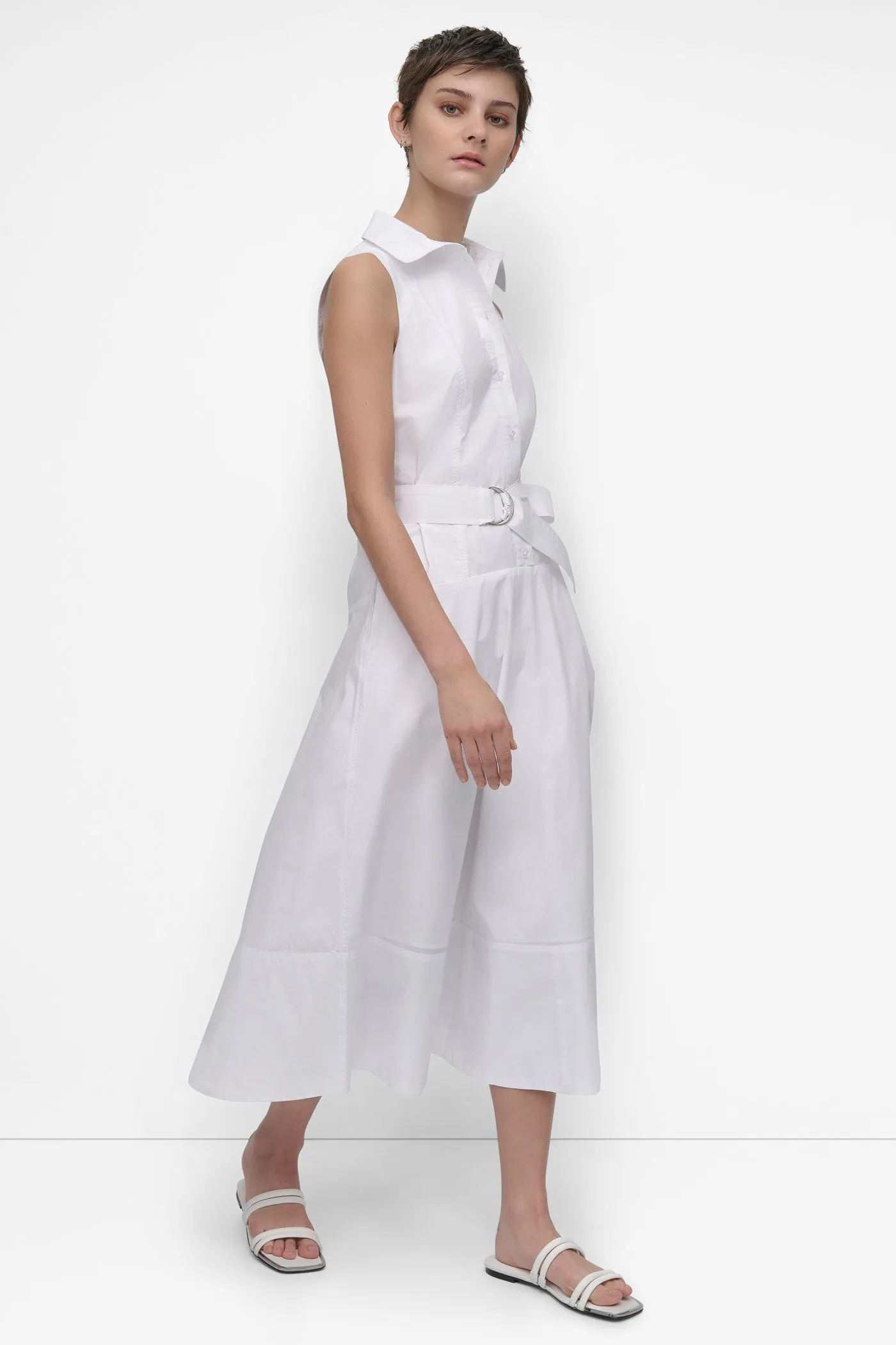 SLEEVELESS BUTTON FRONT POPLIN DRESS WITH SELF BELT sold by DKNY product image thumbnail 3