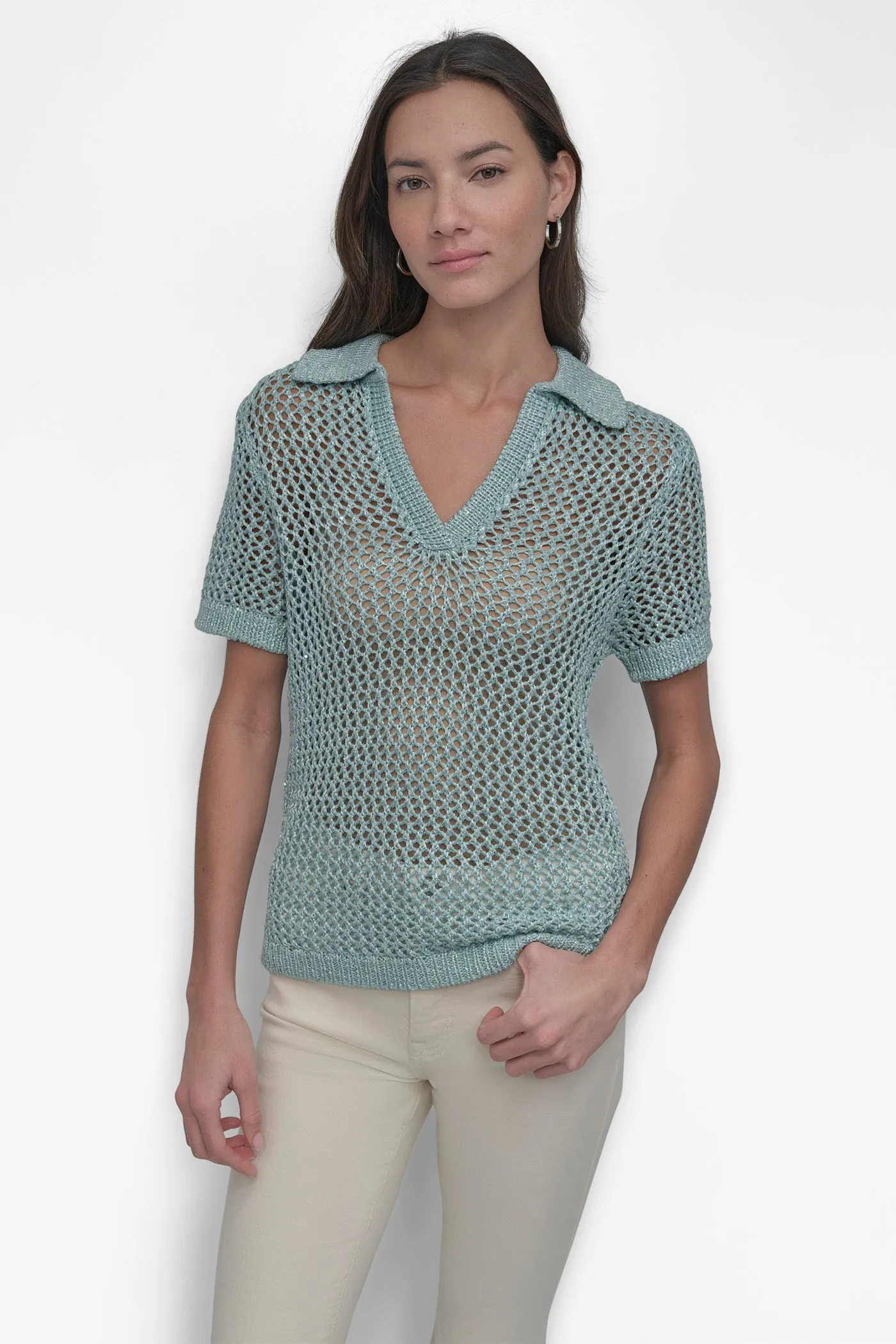 OPEN STITCH POLO WITH MICRO SEQUINS sold by DKNY