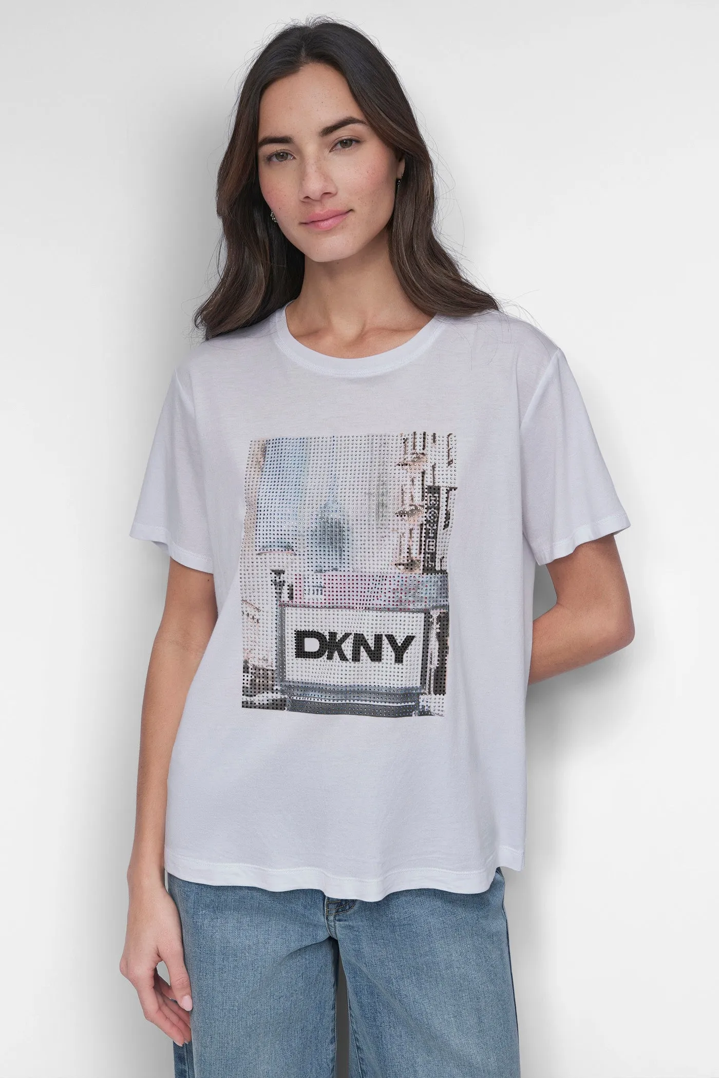 RHINESTONE PHOTOREAL LOGO RELAXED CREW NECK TEE sold by DKNY