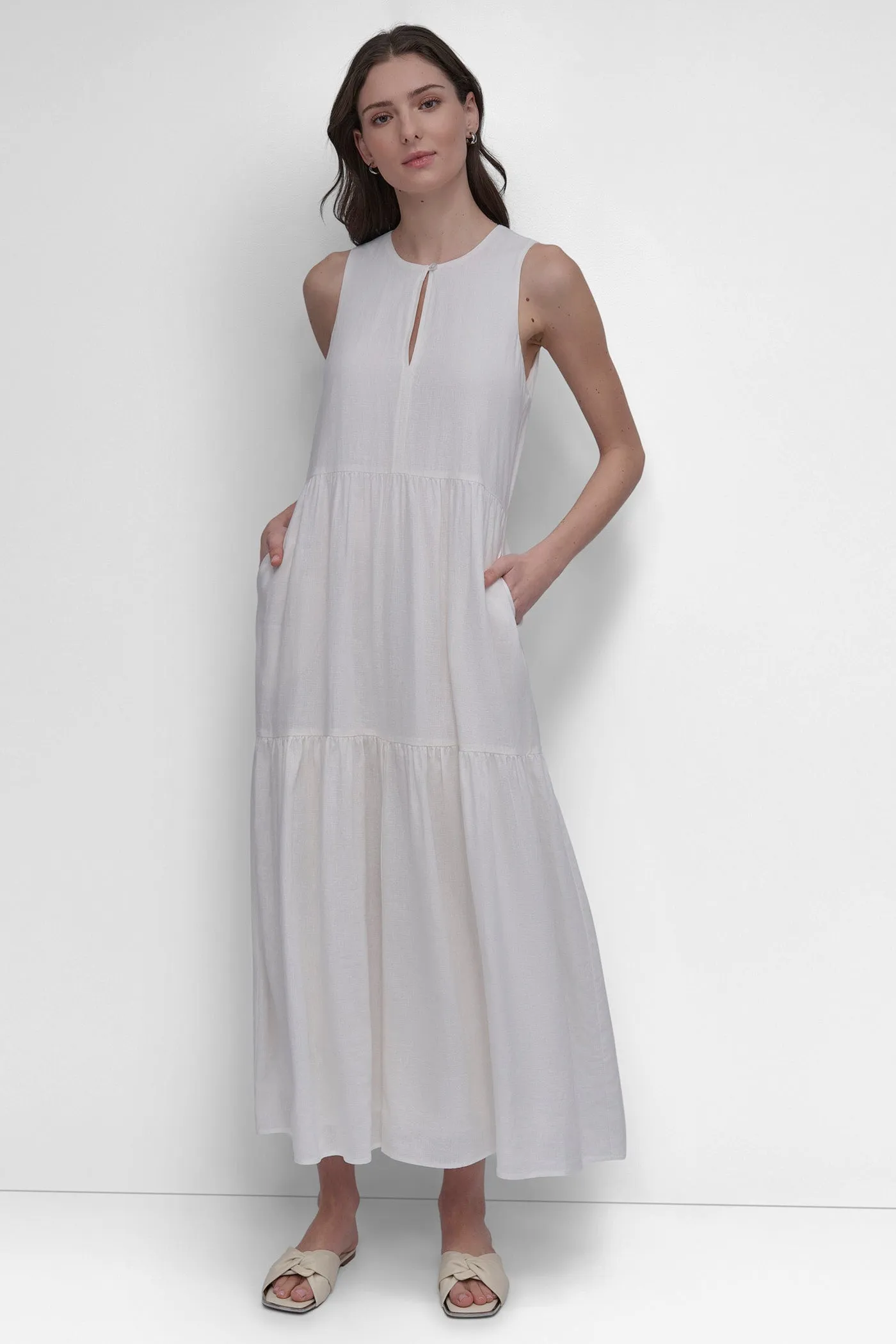LINEN SLEEVELESS TIERED MAXI sold by DKNY