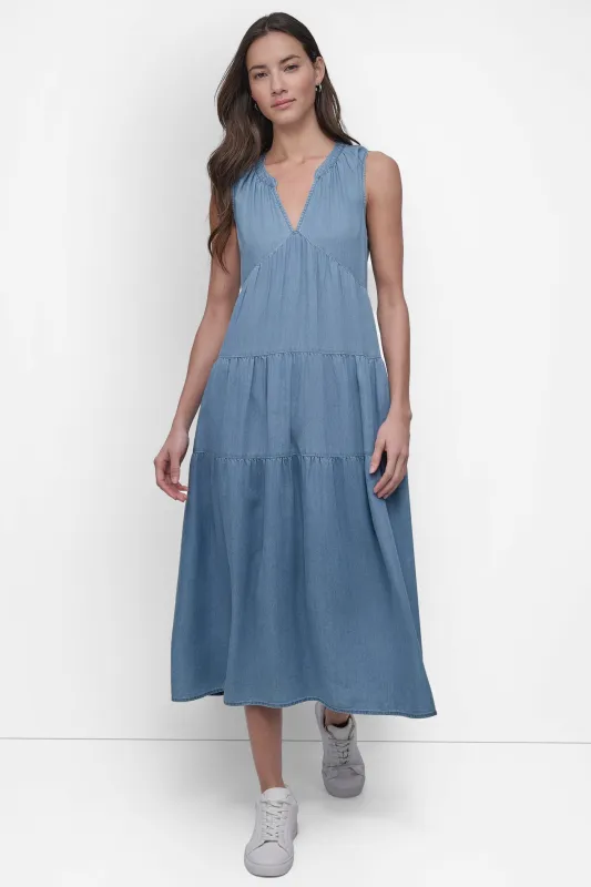 TENCEL TIERED MIDI SWING DRESS sold by DKNY