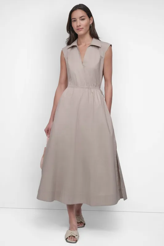 CUTOUT PINSTRIPED MIDI SHIRT DRESS sold by DKNY