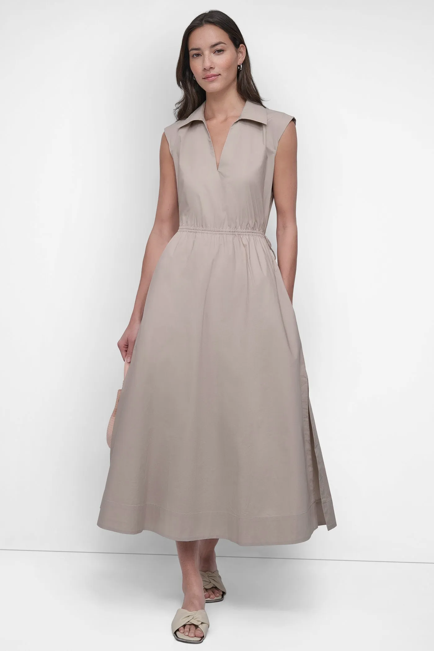 CUTOUT PINSTRIPED MIDI SHIRT DRESS sold by DKNY