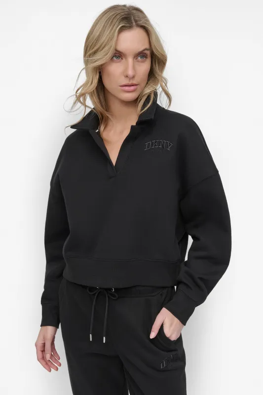 VARSITY EMBROIDERED LOGO JOHNNY COLLAR PULLOVER sold by DKNY
