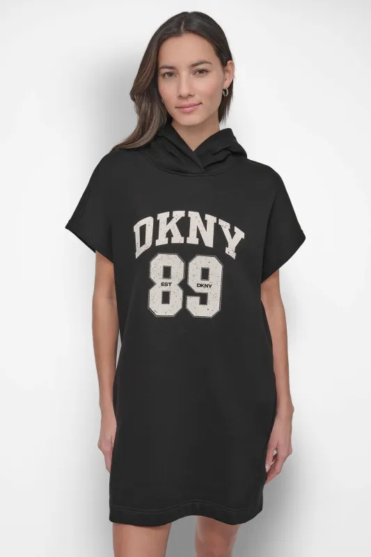 CRYSTAL-EMBELLISHED LOGO MINI HOODIE DRESS sold by DKNY