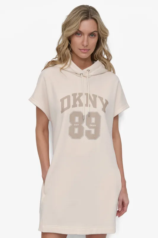 CRYSTAL-EMBELLISHED LOGO MINI HOODIE DRESS sold by DKNY