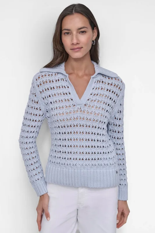 LONG SLEEVE OPEN POINTELLE STITCH POLO COLLAR SWEATER sold by DKNY