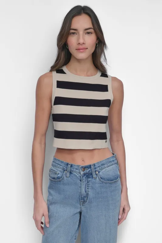 CROP STRIPE SLEEVELESS CREW NECK TANK sold by DKNY