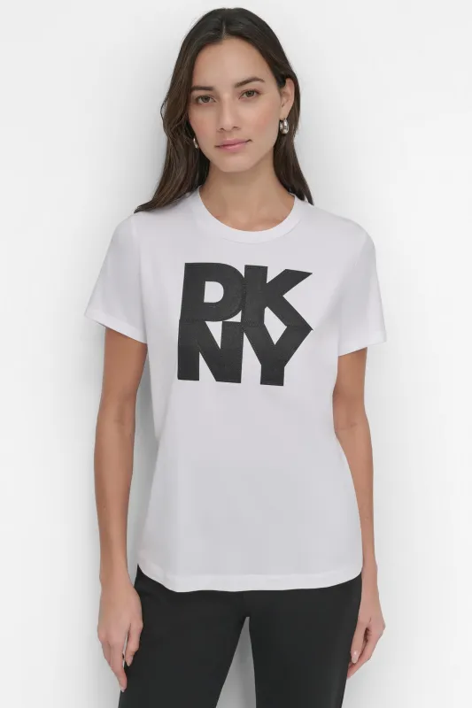 SHORT SLEEVE MESH OVERLAY STACK LOGO sold by DKNY