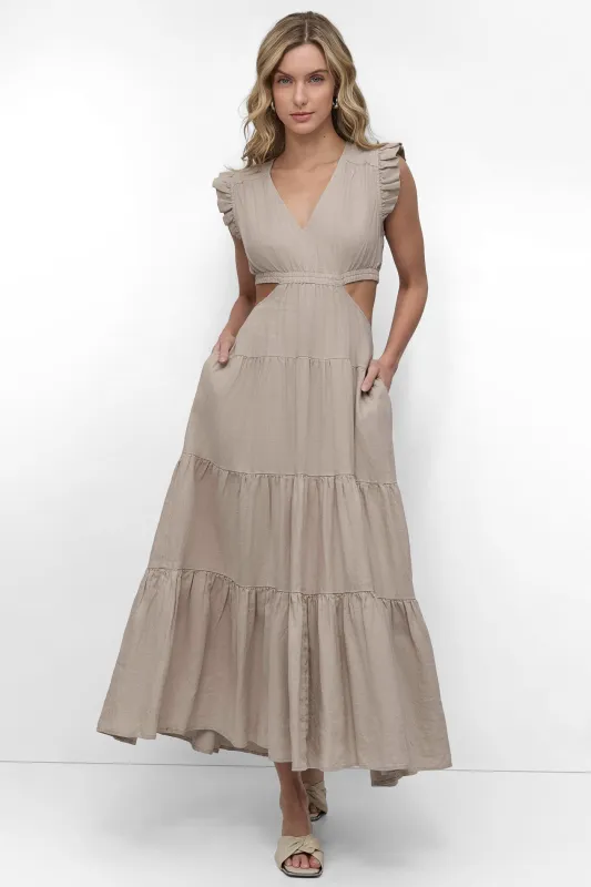 LINEN TIERED V-NECK CUTOUT DRESS WITH RUFFLE SLEEVES sold by DKNY