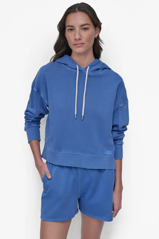 EMBROIDERED LOGO RIB MIX SHAPED PANEL HOODIE sold by DKNY