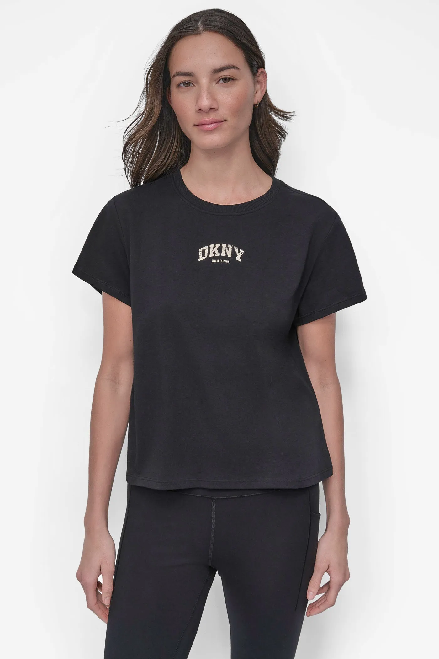 DISTRESSED VARSITY LOGO MEET & GREET TEE sold by DKNY