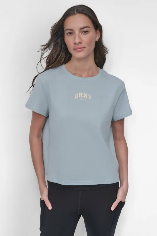 DISTRESSED VARSITY LOGO MEET & GREET TEE sold by DKNY