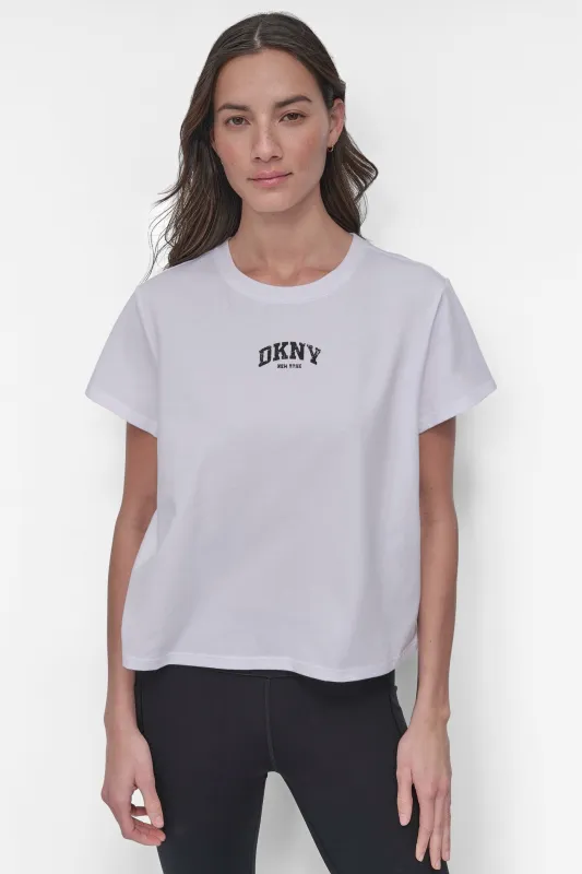 DISTRESSED VARSITY LOGO MEET & GREET TEE sold by DKNY