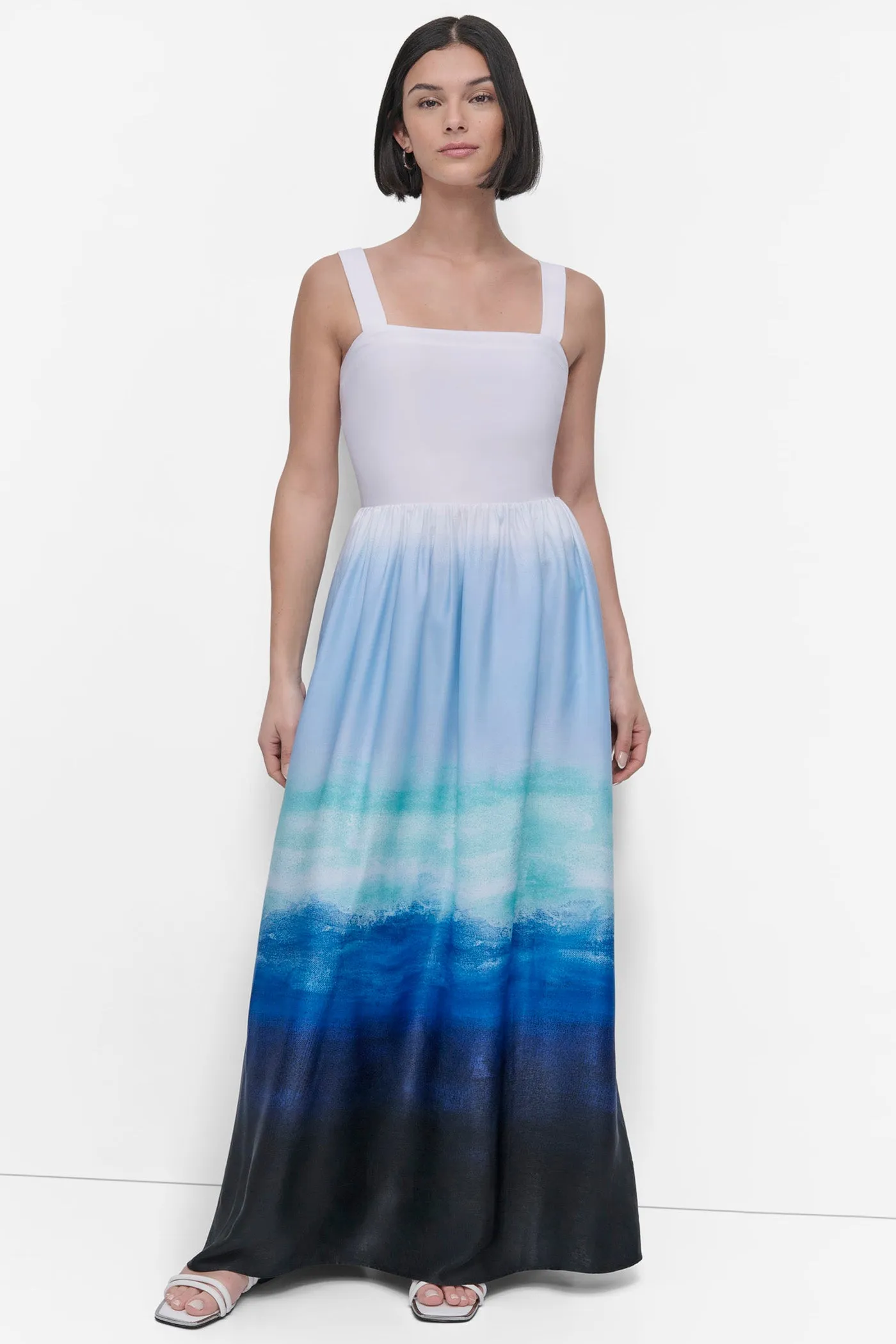 SLEEVELESS PRINTED SATIN DRESS sold by DKNY
