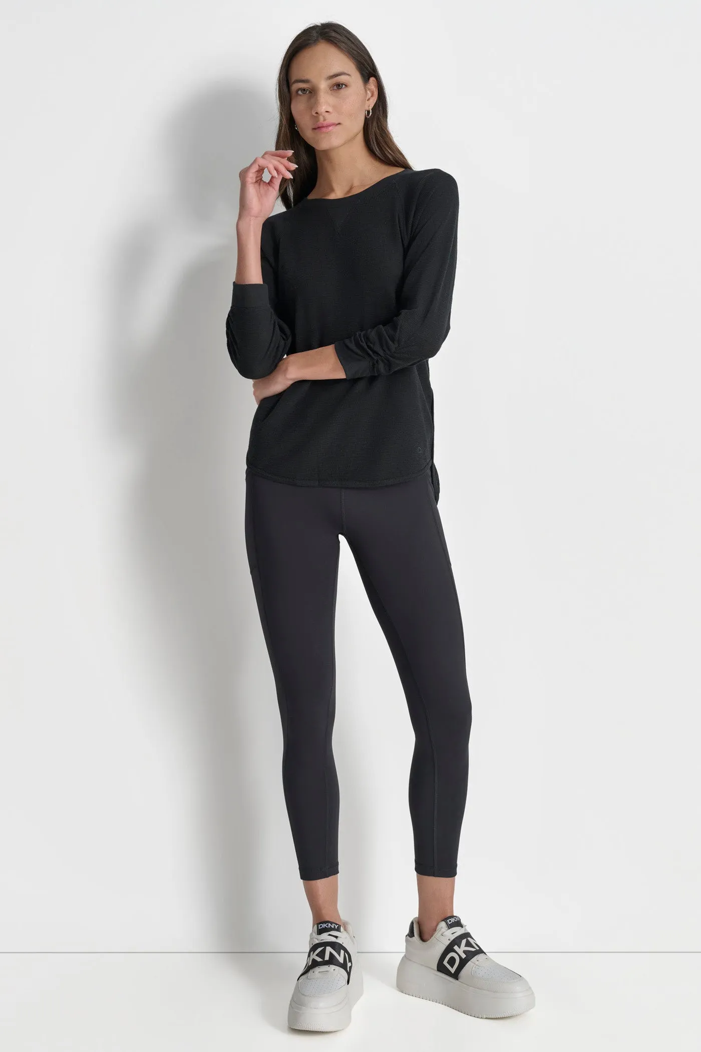 RUCHED 3/4-SLEEVE SLUB WAFFLE-KNIT TEE sold by DKNY product image thumbnail 5