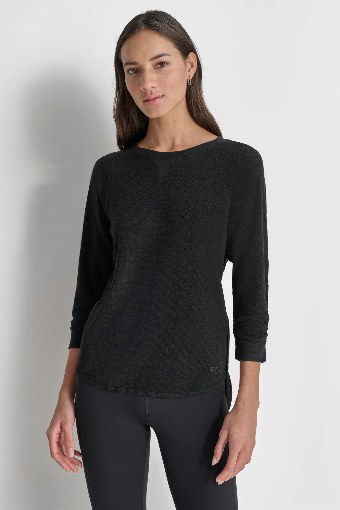 RUCHED 3/4-SLEEVE SLUB WAFFLE-KNIT TEE sold by DKNY