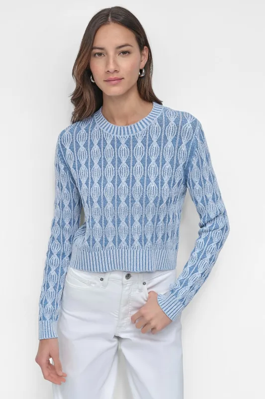 LONG SLEEVE CABLE CREW NECK TOP WITH CURVED HEM sold by DKNY