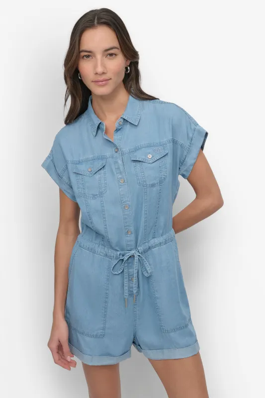 GARMENT DYE BUTTON FRONT UTILITY ROMPER made by DKNY