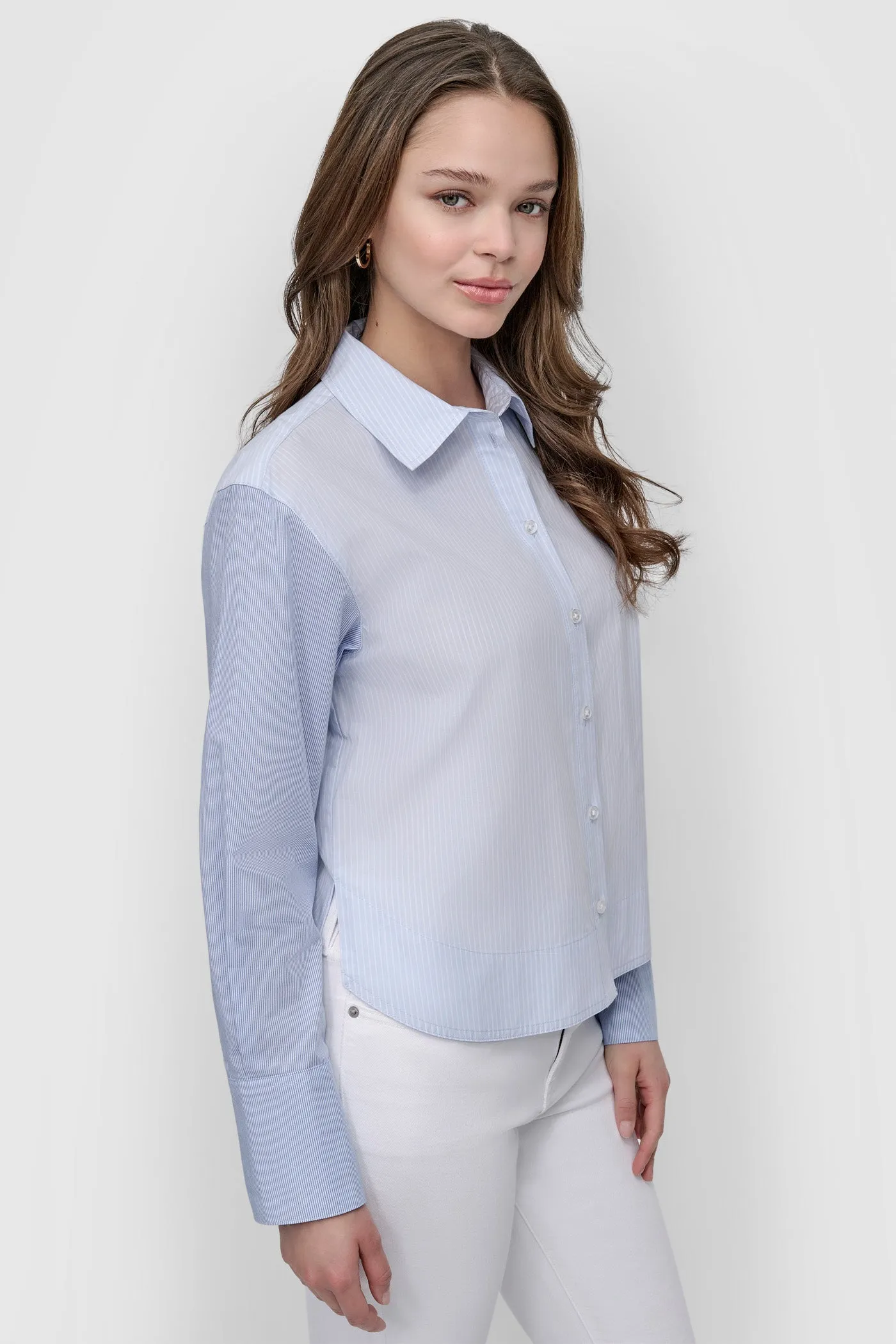 CROPPED LONG SLEEVE BUTTON FRONT SHIRT WITH MIXED STRIPE sold by DKNY product image thumbnail 3