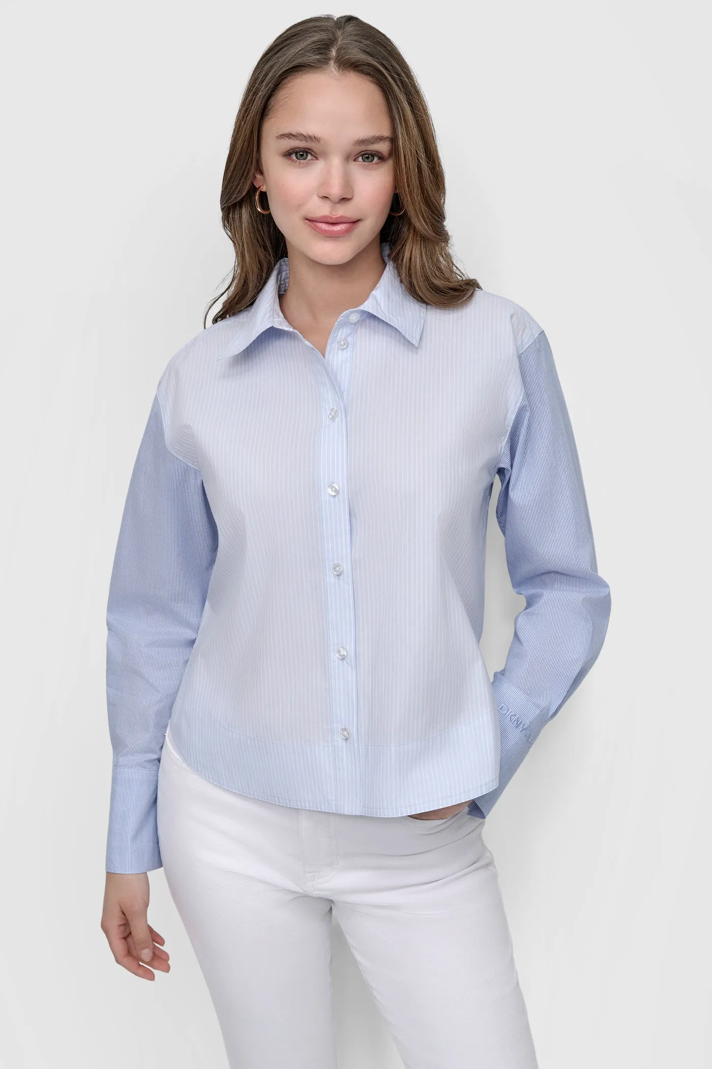 CROPPED LONG SLEEVE BUTTON FRONT SHIRT WITH MIXED STRIPE sold by DKNY