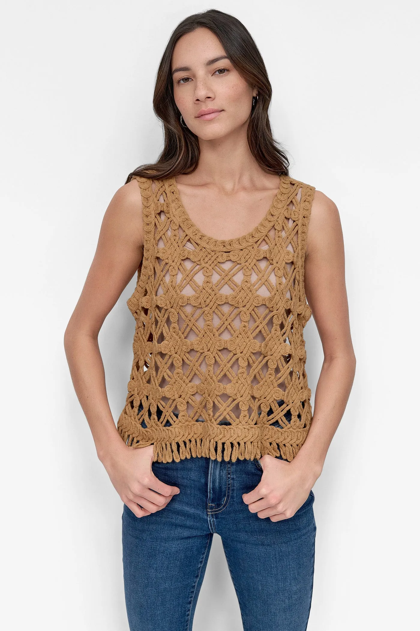CROPPED FRINGE CROCHET TANK sold by DKNY