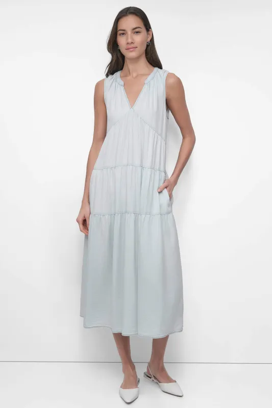 TENCEL TIERED MIDI SWING DRESS sold by DKNY