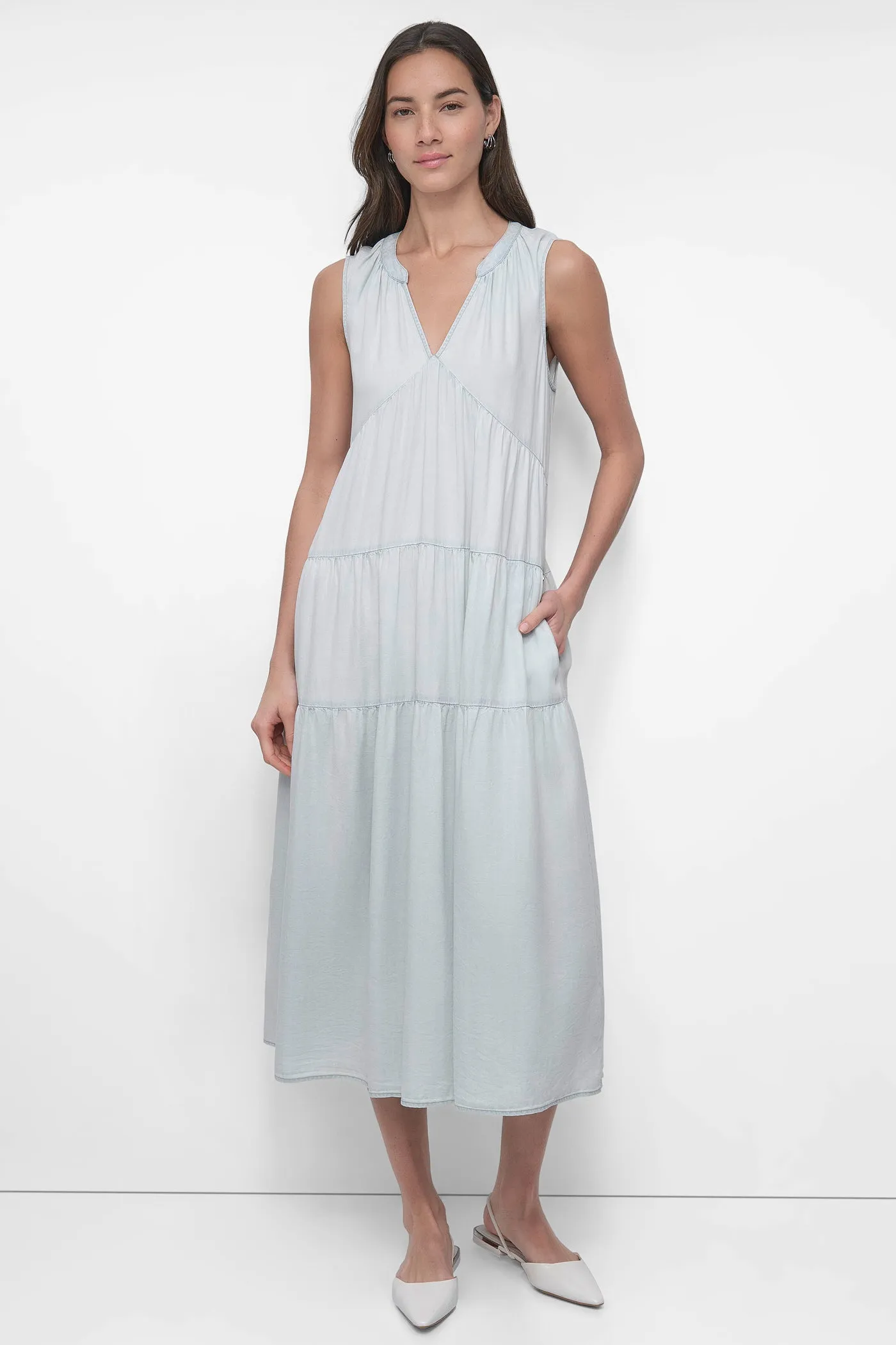 TENCEL TIERED MIDI SWING DRESS sold by DKNY