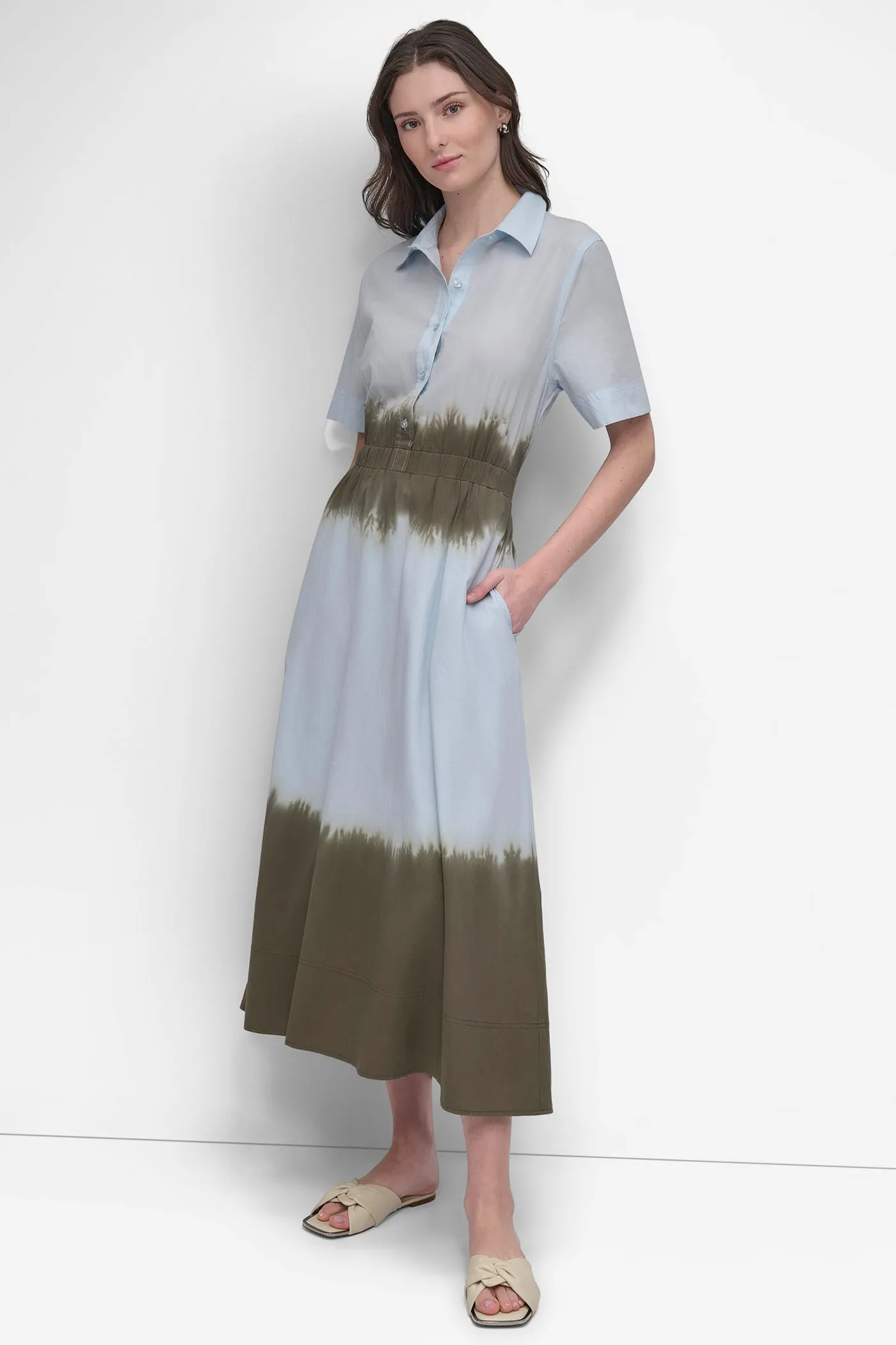 SHORT SLEEVE TIE DYE BUTTON FRONT POPLIN DRESS sold by DKNY