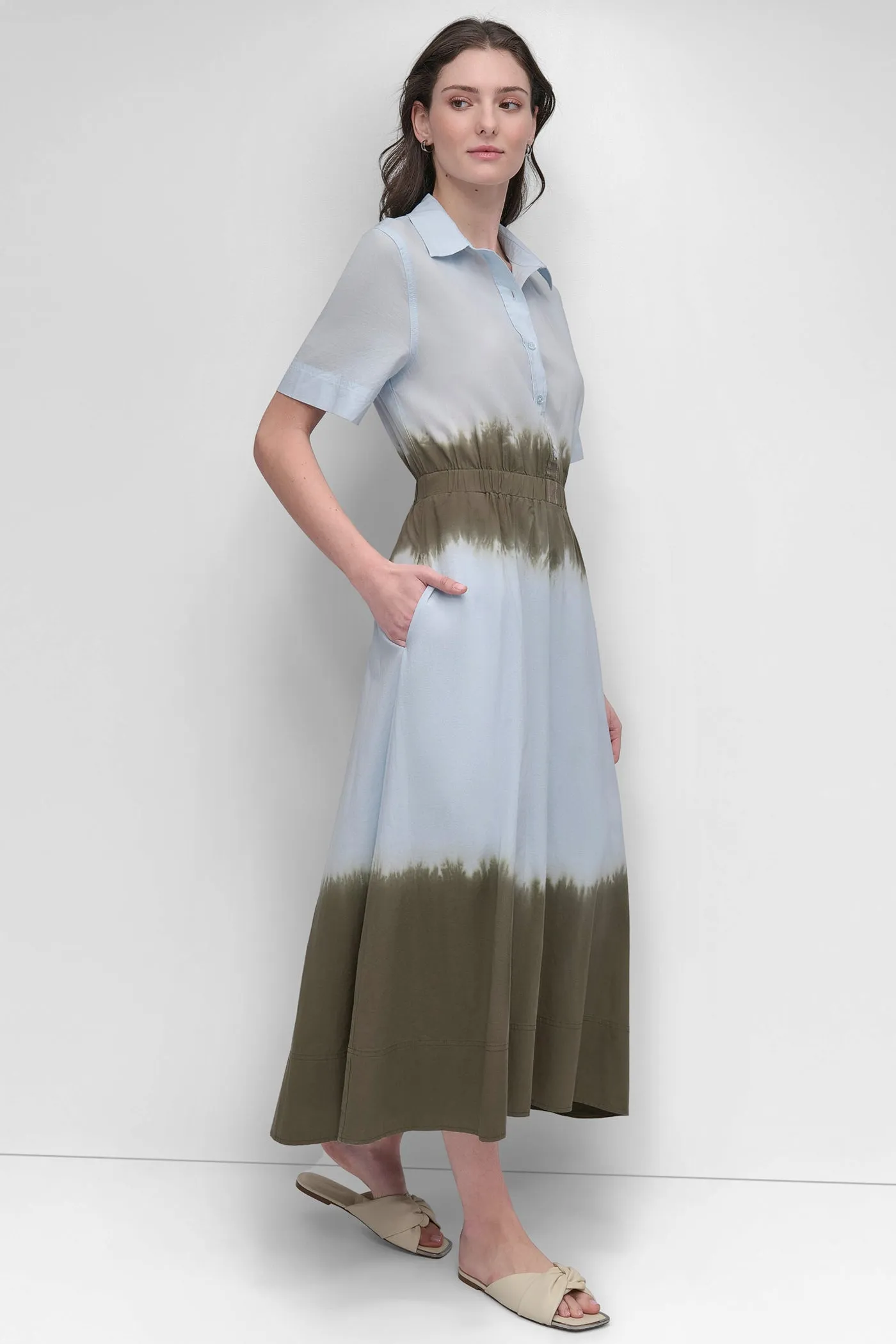 SHORT SLEEVE TIE DYE BUTTON FRONT POPLIN DRESS sold by DKNY product image thumbnail 3