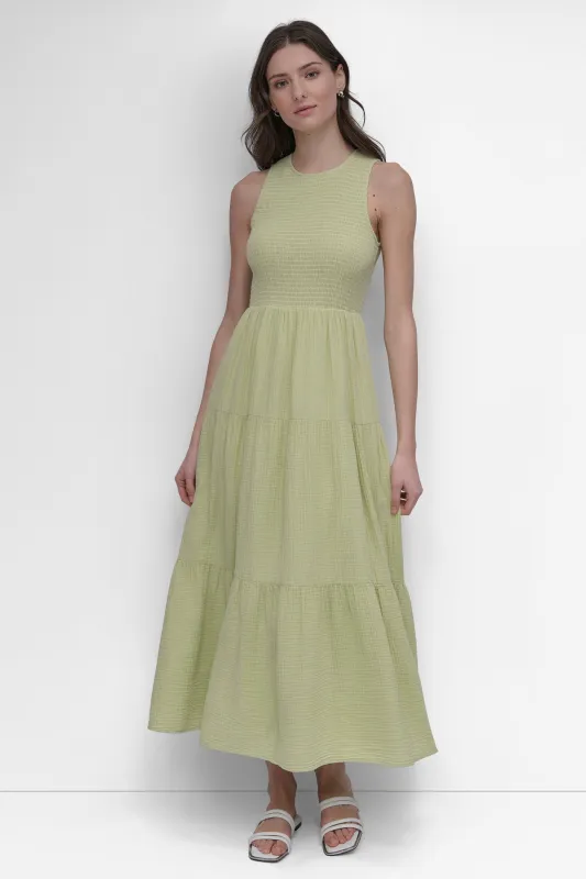 GAUZE TIERED SMOCKED DRESS sold by DKNY