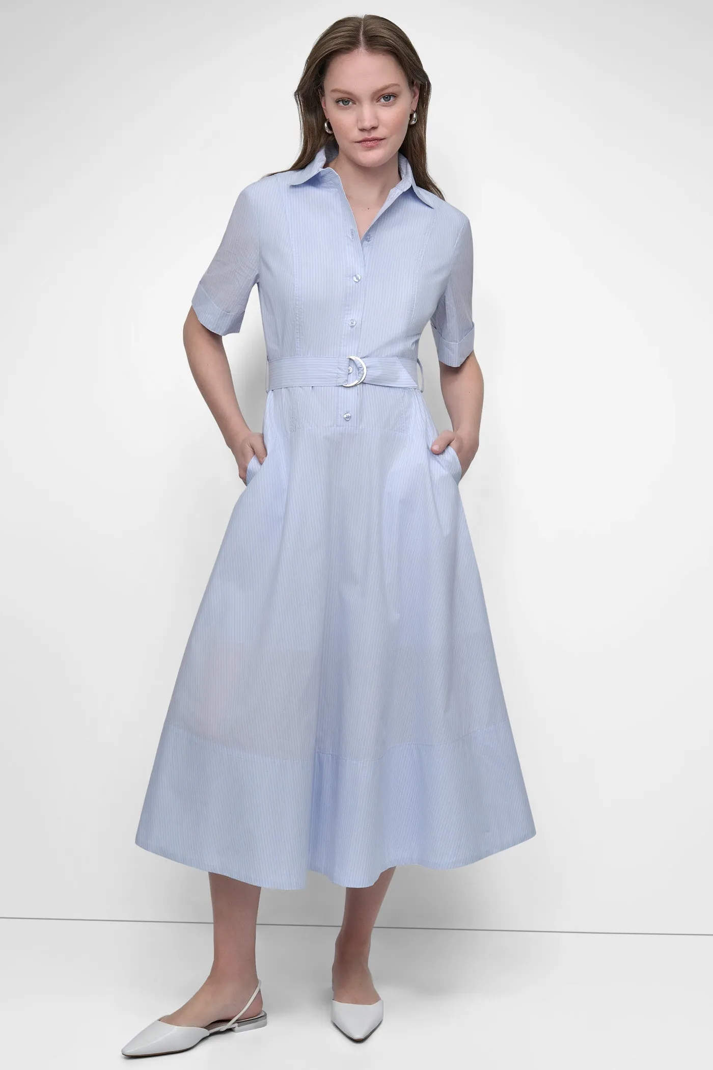 BELTED PINSTRIPED MIDI SHIRT DRESS sold by DKNY