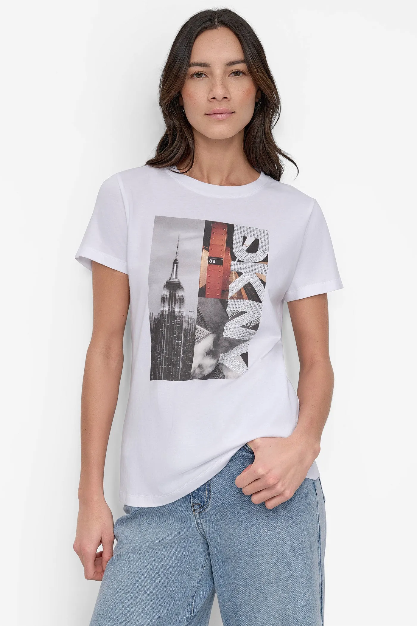 CRYSTAL LOGO-EMBELLISHED CITY GRAPHIC TEE sold by DKNY