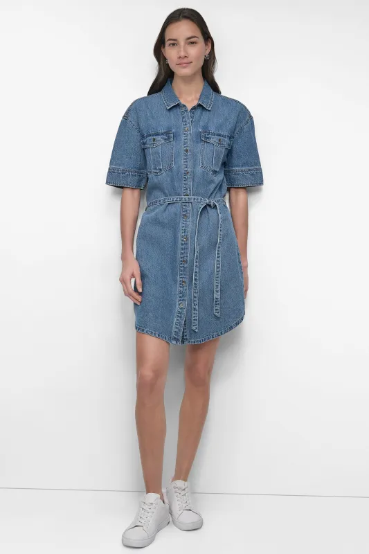 BELTED DENIM MINI SHIRT DRESS sold by DKNY