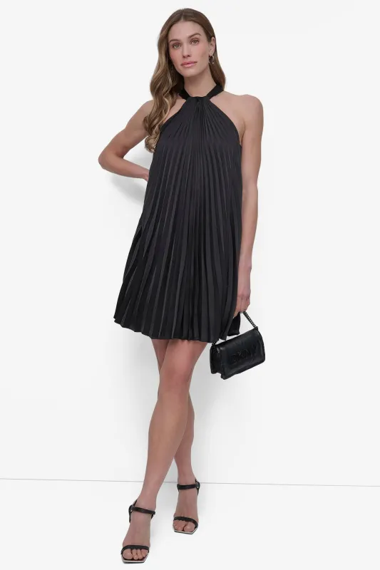 PLEATED HALTER SWING DRESS made by DKNY