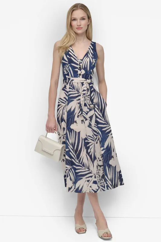 BELTED FLORAL MIDI DRESS sold by DKNY