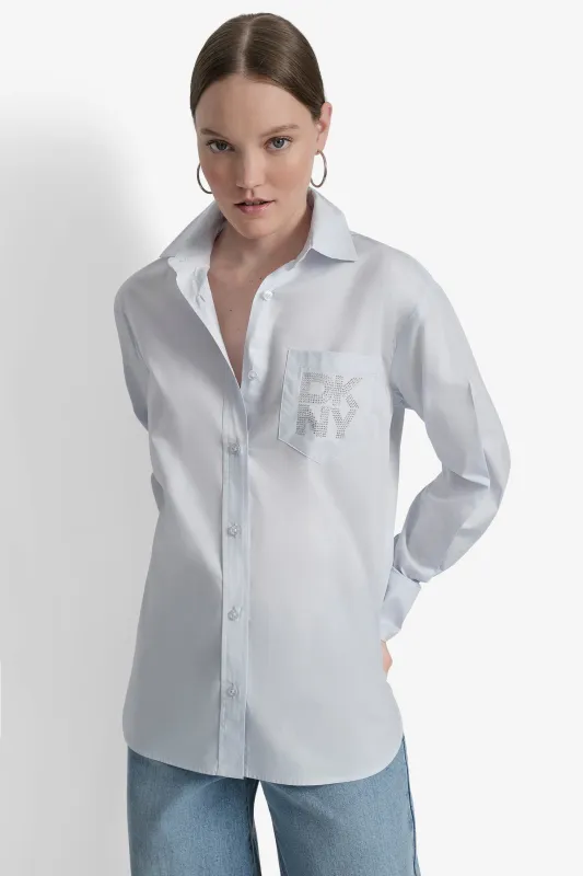 LONG SLEEVE BUTTON FRONT SHIRT WITH CHEST POCKET RHINESTONE LOGO sold by DKNY
