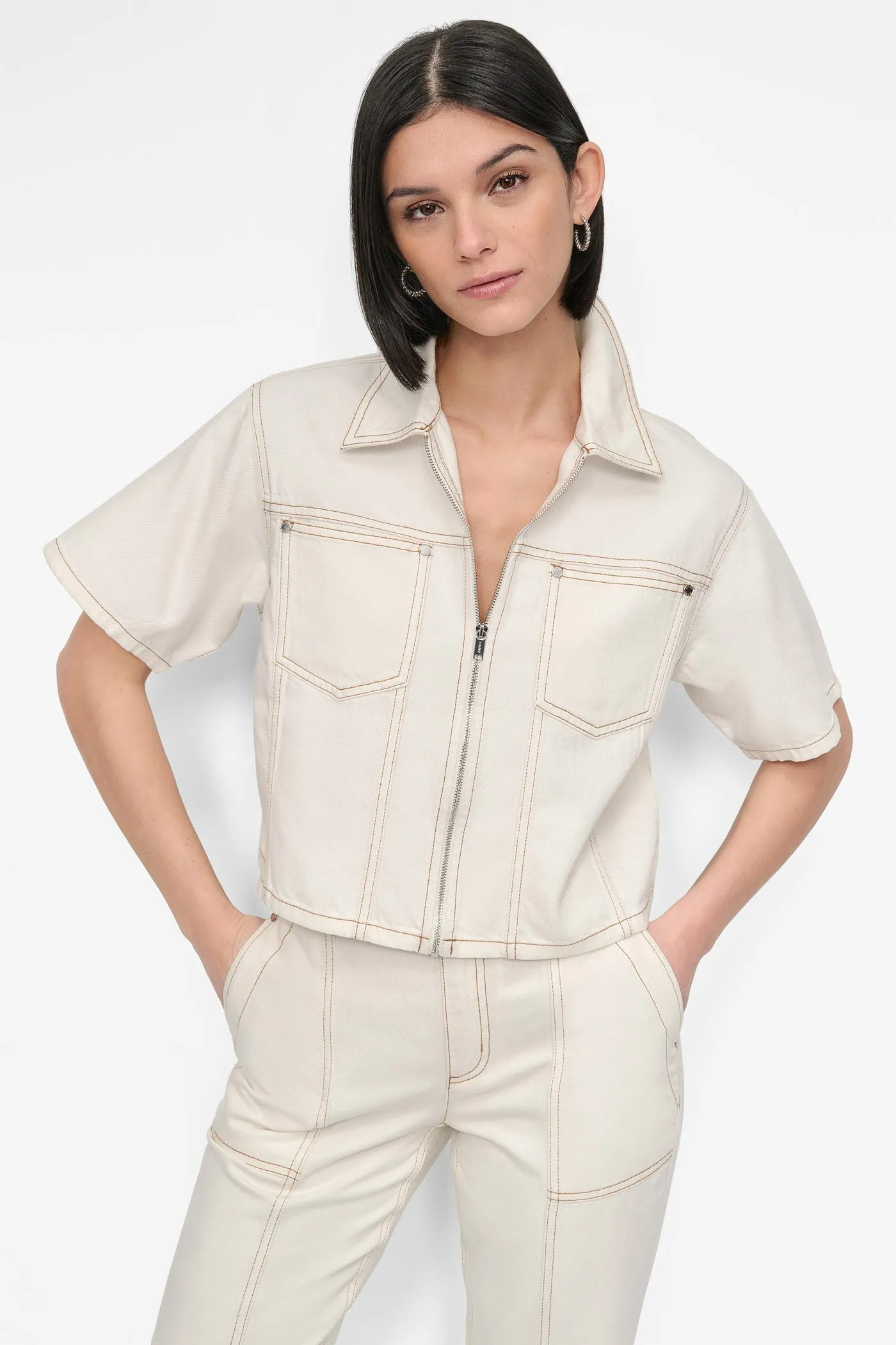 CROPPED ZIP-FRONT DENIM SHIRT sold by DKNY
