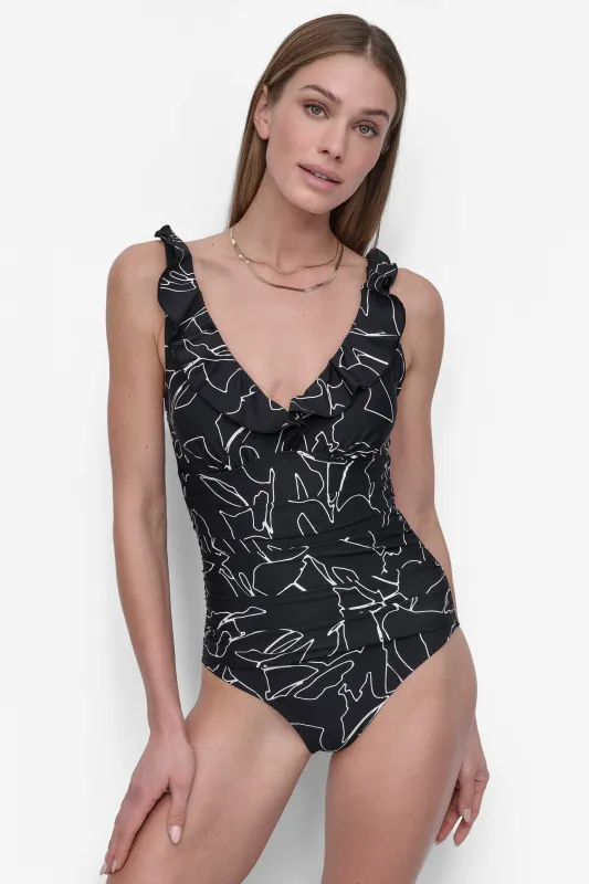 RUFFLED PLUNGE V-NECK ONE PIECE sold by DKNY