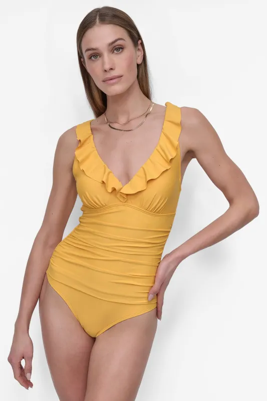 RUFFLED PLUNGE V-NECK ONE PIECE sold by DKNY