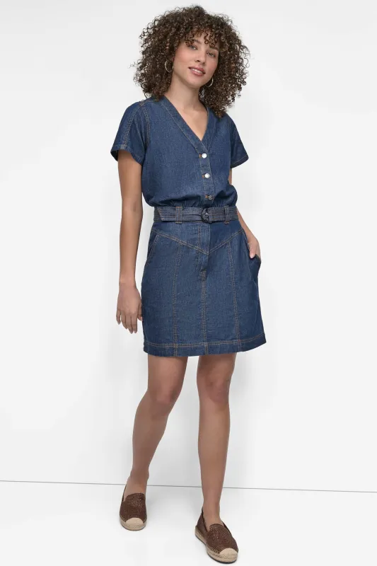 BUTTON FRONT DENIM MINI DRESS sold by DKNY