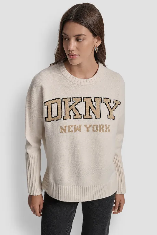 VARSITY LOGO INTARSIA CREW NECK RELAXED SWEATER sold by DKNY