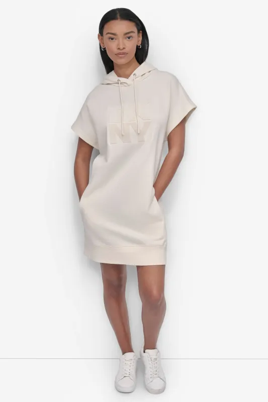 STACKED PLUSH VELVET LOGO HOODED SNEAKER DRESS sold by DKNY