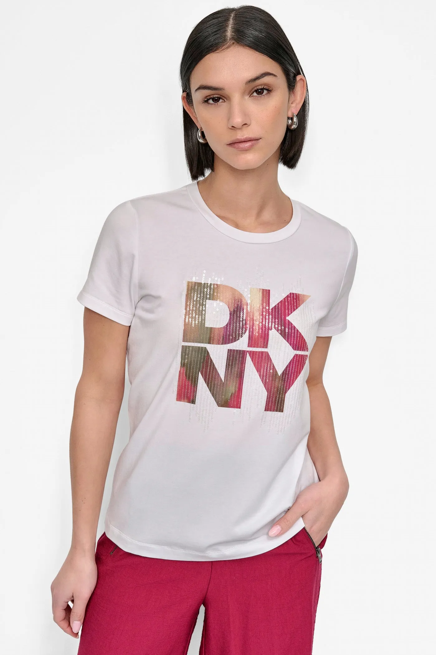 SHORT SLEEVE PRINTED STACK LOGO TEE sold by DKNY