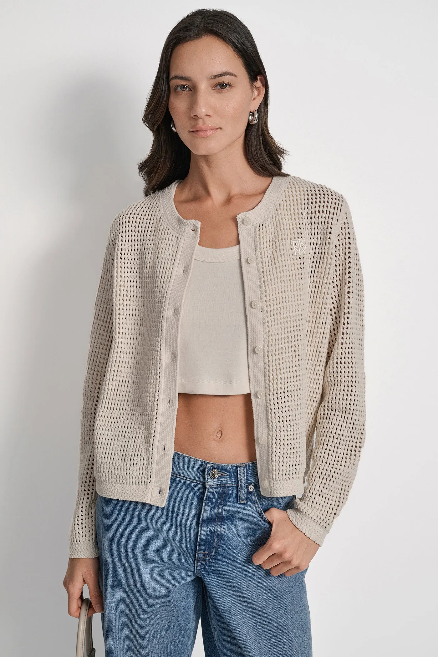 LOGO-EMBELLISHED OPEN-KNIT CARDIGAN sold by DKNY